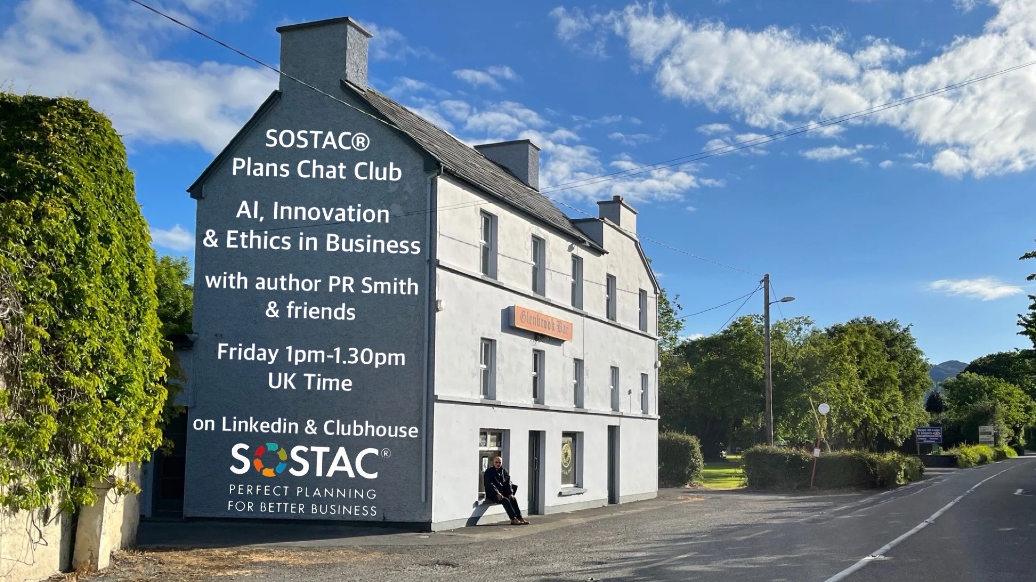 Man sitting outside a large building in the country side. SOSTAC(R) Plans Chat Club 
