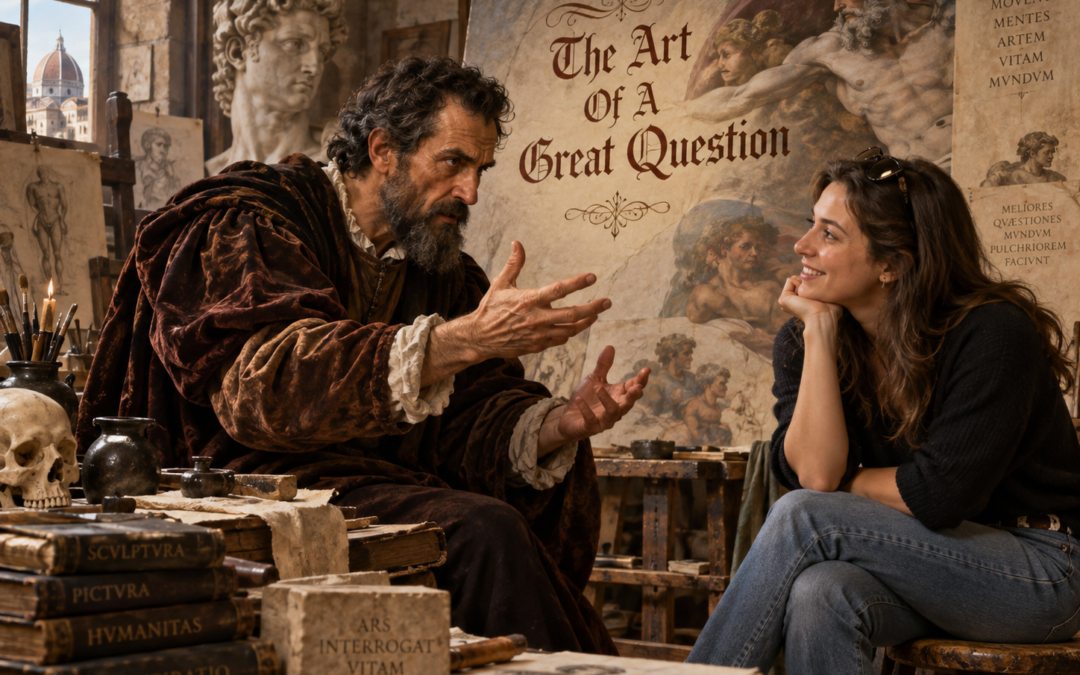 The art of a great question - Michael Angelo chatting with a casually dressed modern lady.