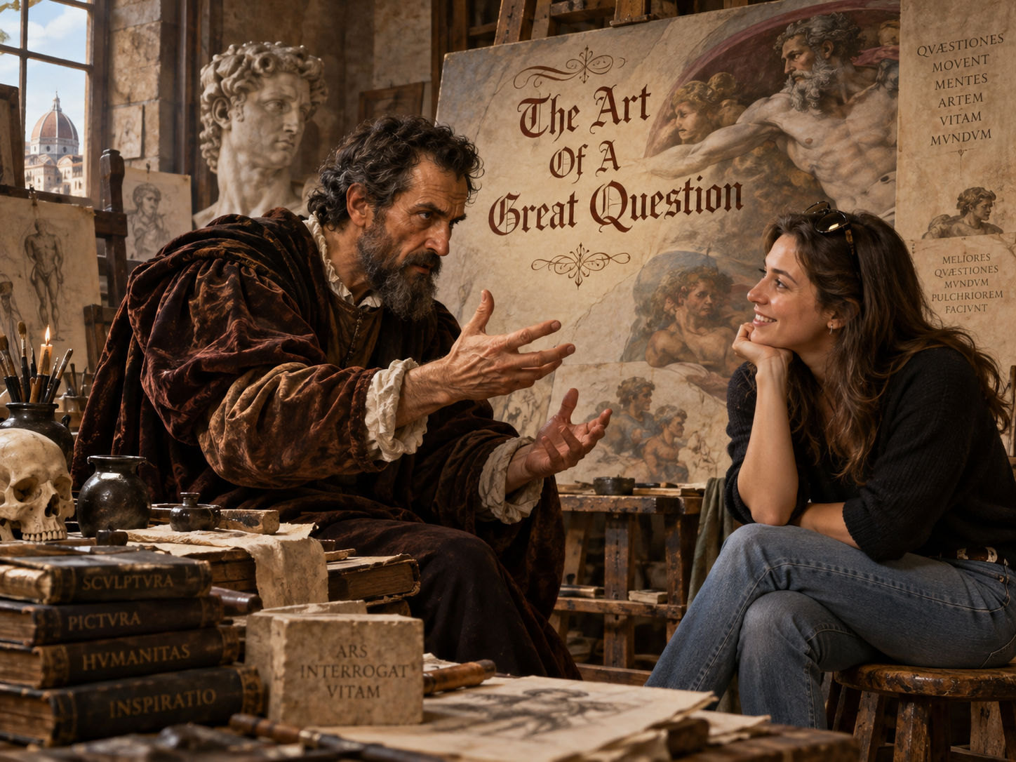 The art of a great question - Michael Angelo chatting with a casually dressed modern lady.